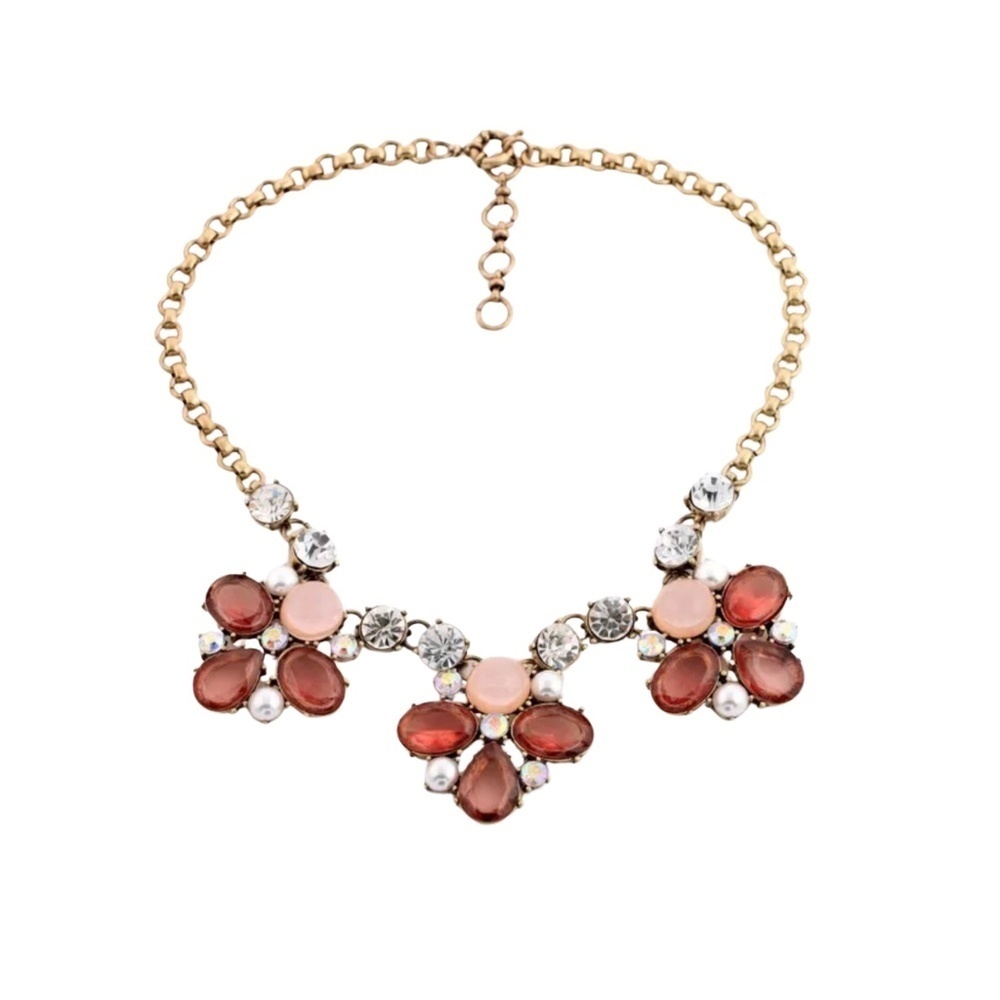 Floral Statement Necklace – 18"+2" Gold Tone with Pink, Red & Crystal Accents